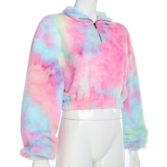Winter Fleece Colorful Crop Hoodie - Picture 2 of 8